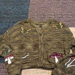 Thorn and Fable Hot Topic Frog, Butterflies  and Mushroom Olive Green Cardigan
